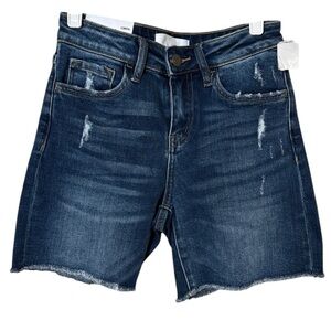 Loftia Dark Blue Distressed Denim Shorts - High Rise Casual Fit